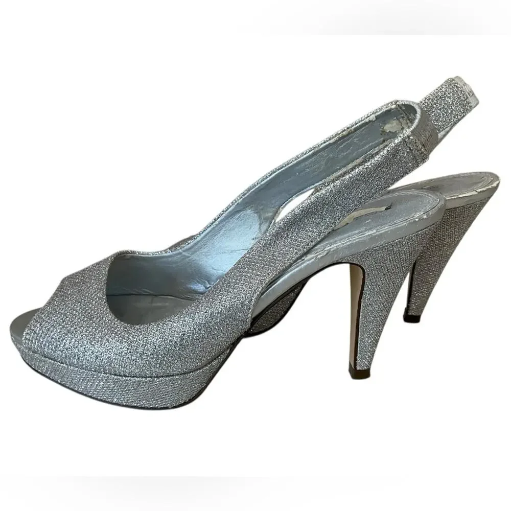 Call it Spring Women's Heels Silver Glitter Formal Peep-Toe Slingback Size 7.5